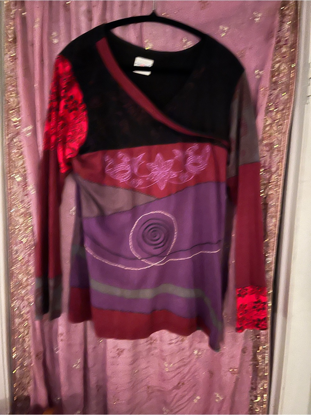 Long Sleeve Patchwork Purple & Burgundy Embroidered Top